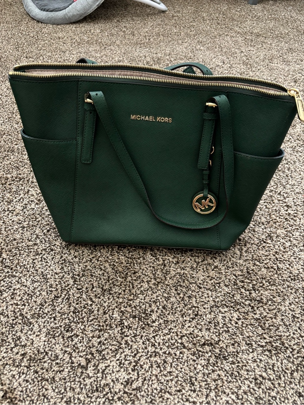 Michael Kors Dark Green Saffiano Leather Tote with Gold Hardware
